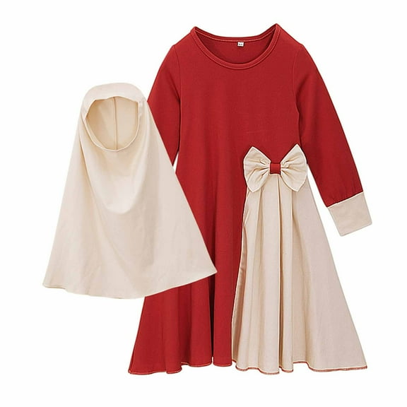 Odeerbi Muslim Dress For Girls 2025 Long Sleeve Round Neck Patchwork Color Long Dress with Headband Cover Two-piece Set Red