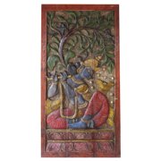 Mogul Vintage Carved Door Panel Krishna Fluting Under Wish Fulfilling Tree Wall Sculpture Meditation Decor