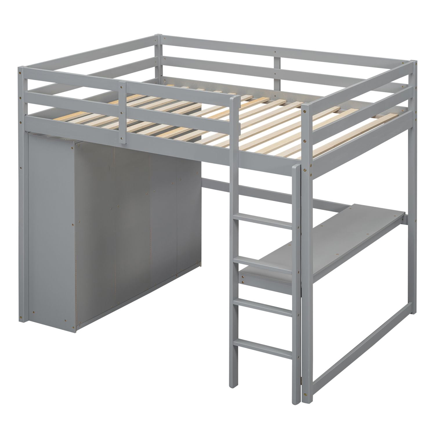 Asteroutdoor Wood Full Size Loft Bed with Built-in Wardrobe, Desk, Storage Shelves and Drawers, Gray