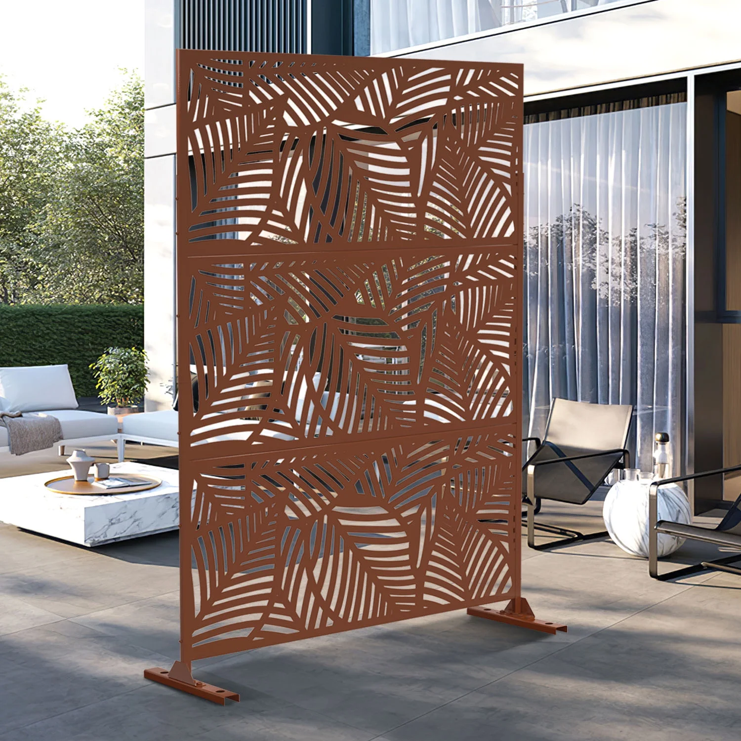MAYEERTY 72*47" Outdoor Brown Metal Freestanding Privacy Panel Screen for Patio, Leaf Hollow - Out Pattern