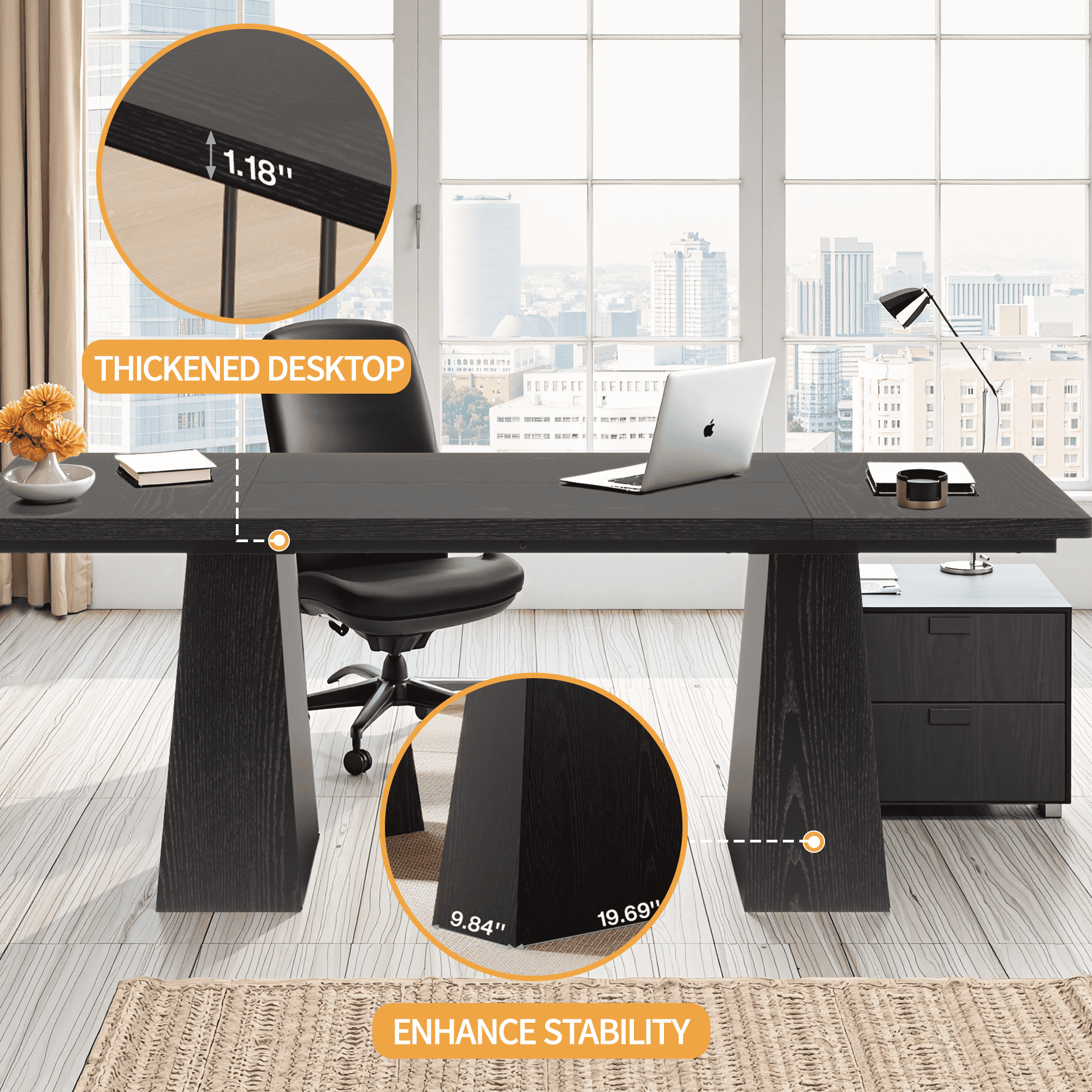 MAYEERTY 63" Executive Desk, Multifunctional Study Writing Gaming Desk with Curved Edges for Home Office