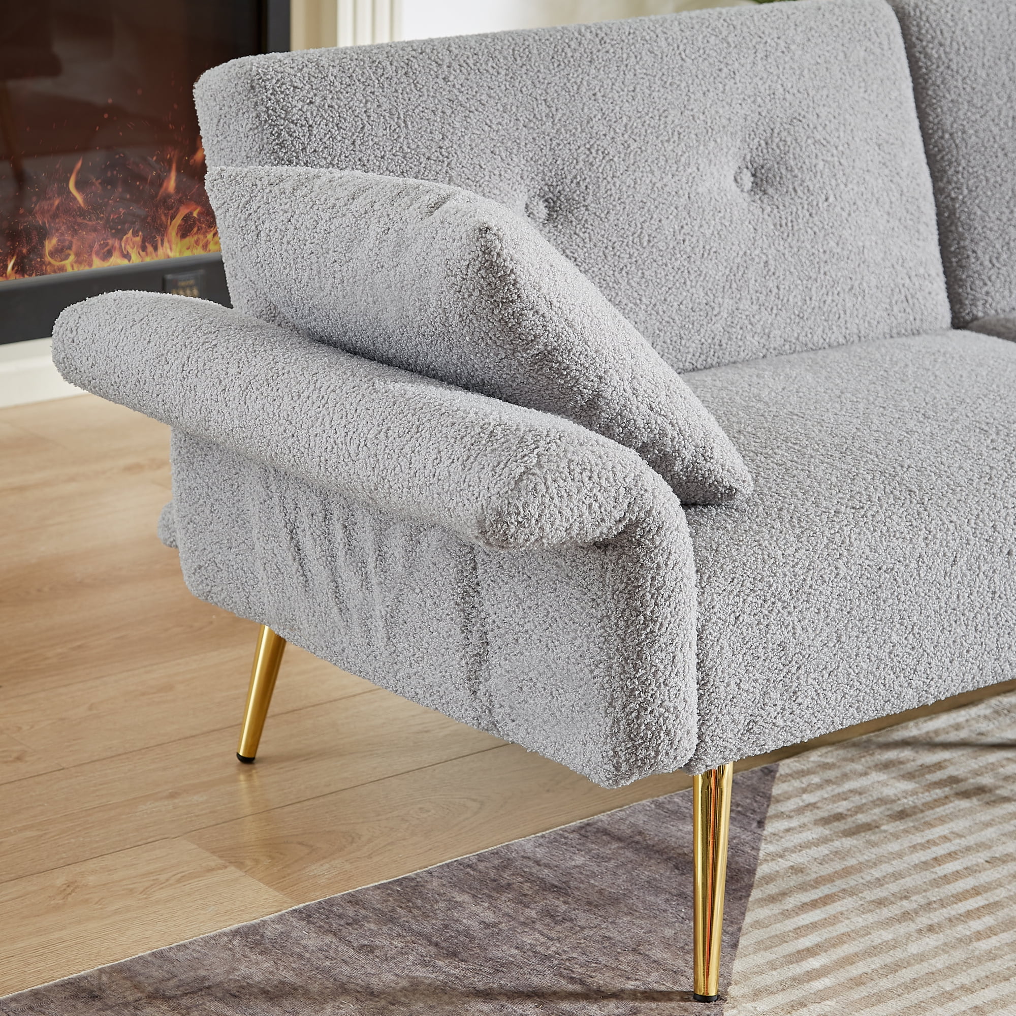Jopath 80" Futon Sofa Bed,Teddy Upholstered Convertible Loveseat Sleeper Sofa Couch with Foldable Armrest,Adjustable Backrest and Golden Metal Legs for Living Room,Gray