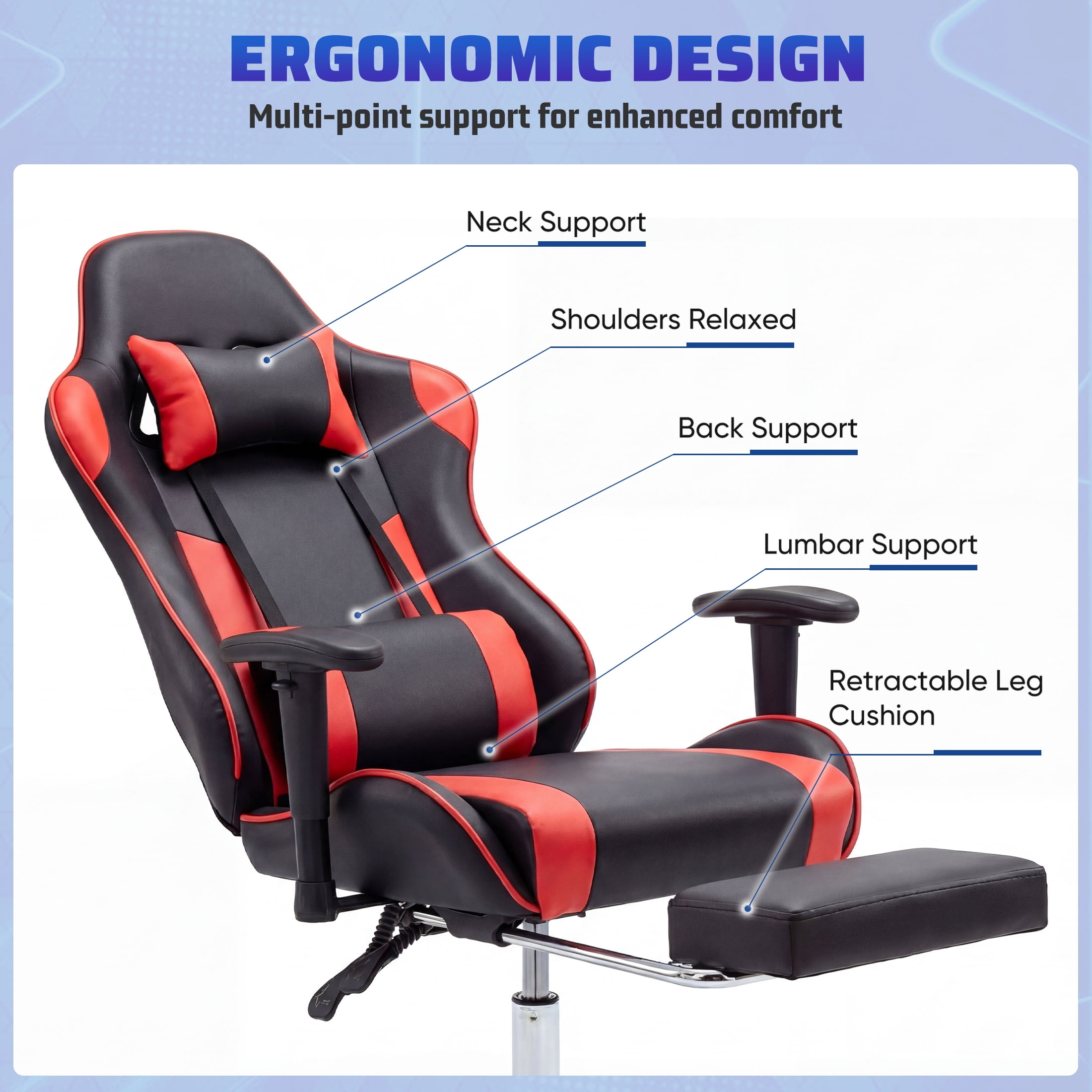 Gianna Ergonomic Gaming Chair, Adjustable Height with 360° Swivel, Flip-Up Armrests, Headrest & Lumbar Cushion Included, Red
