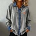 thumbnail image 2 of Breezora Women's Casual Corduroy Jacket with Denim Patchwork Button Down Design Long Sleeve Turndown Collar Distressed Look for Vintage Inspired Style S Size Grey, 2 of 6