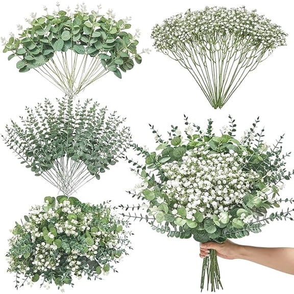Januofit 100 Pcs Mixed Artificial Eucalyptus Stems,Babys Breath Artificial Flowers Bulk with Faux Eucalyptus Leaves Greenery Stems for Wedding DIY Bouquets Floral Arrangement Home Decor