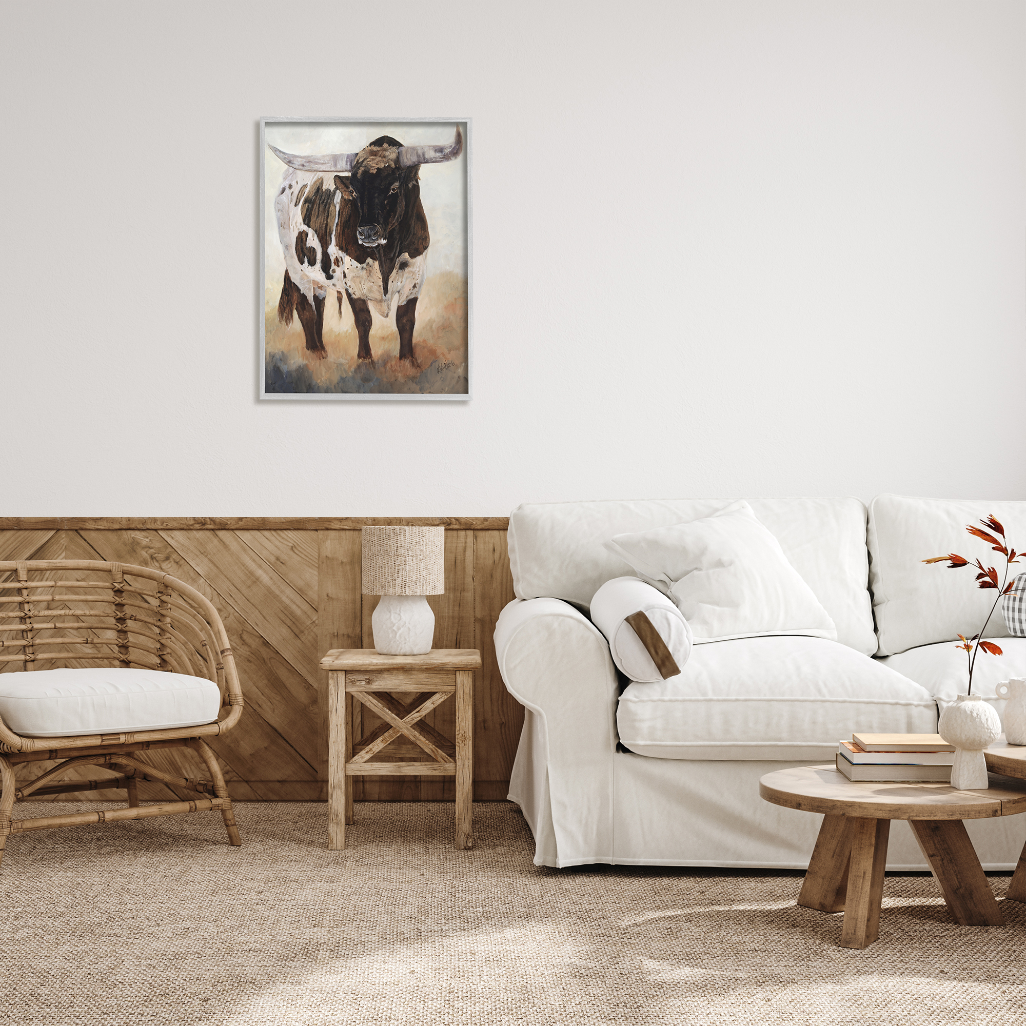 Stupell Industries Longhorn Cattle Painting Animals & Insects Painting Gray Framed Art Print Wall Art, 24 x 30
