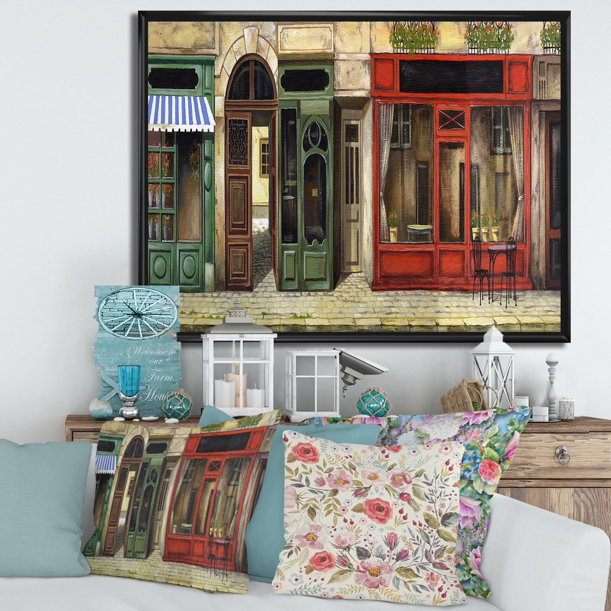 Designart 'Red Facade of Charming Shop In Paris Street II' French Country Framed Canvas Wall Art Print