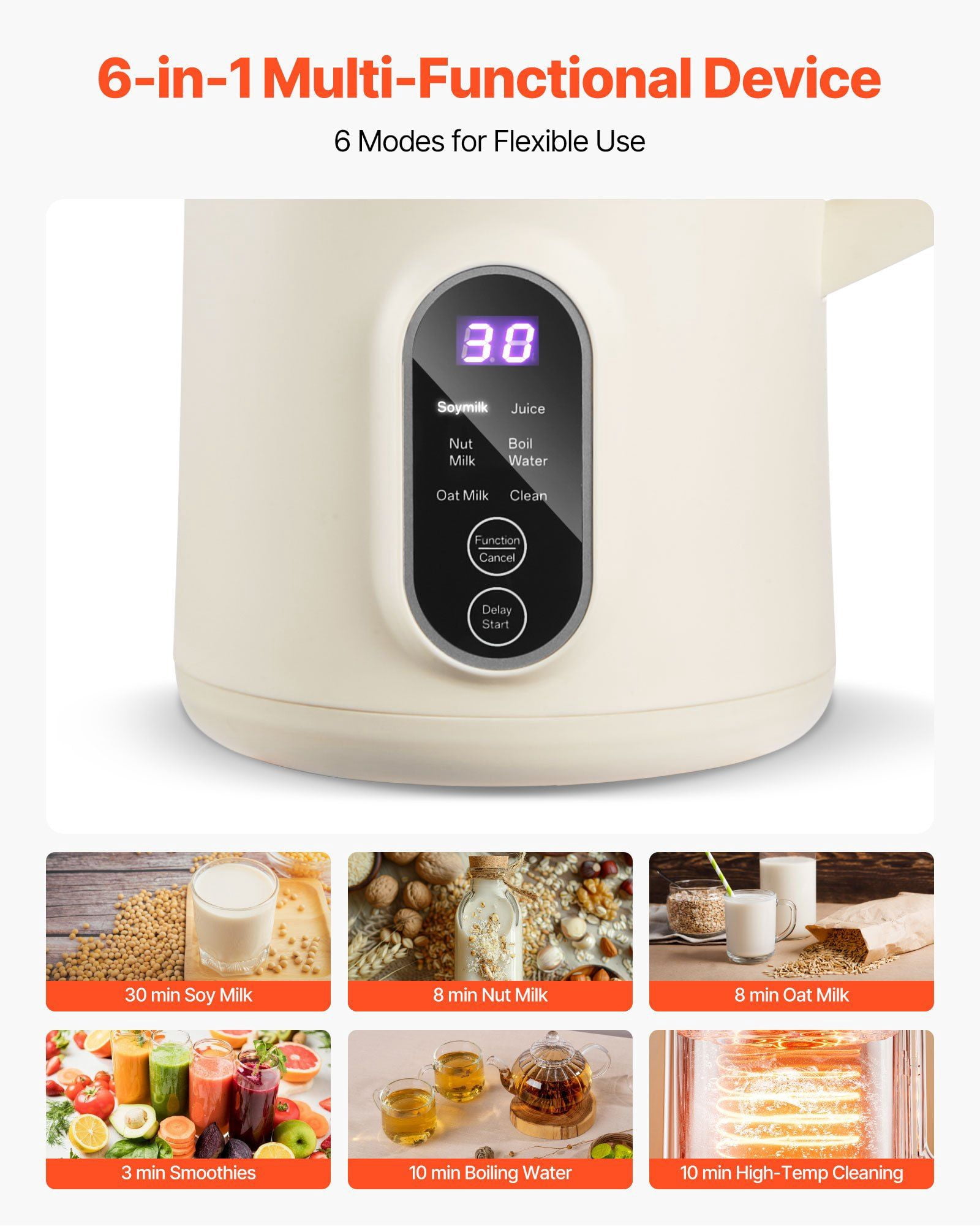 6-in-1 Nut Milk Maker, 20 oz Soy Milk Maker with Self-Cleaning & Delay Timer for Homemade Plant-Based Beverages - 6 Blades, Boil Water Function