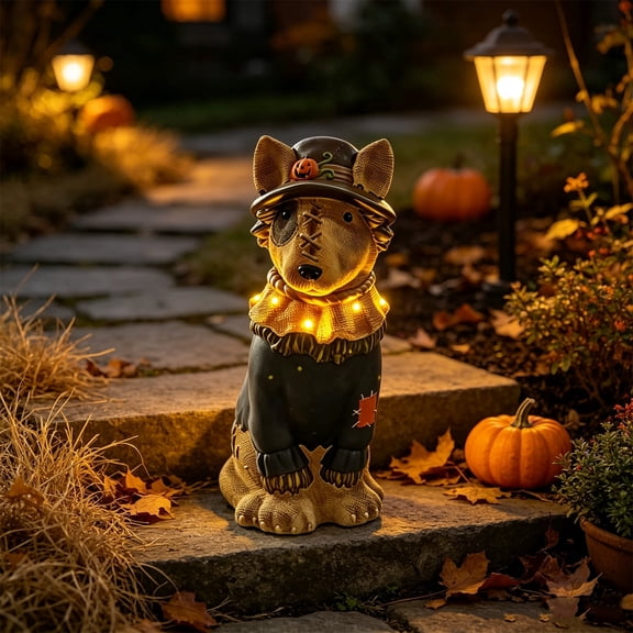 VAIFTILNO Halloween Scarecrow Dog Resin Statue with LED Lights, 8" Fall Harvest Decor for Tabletop, Mantel, Porch, Garden, Halloween Decor