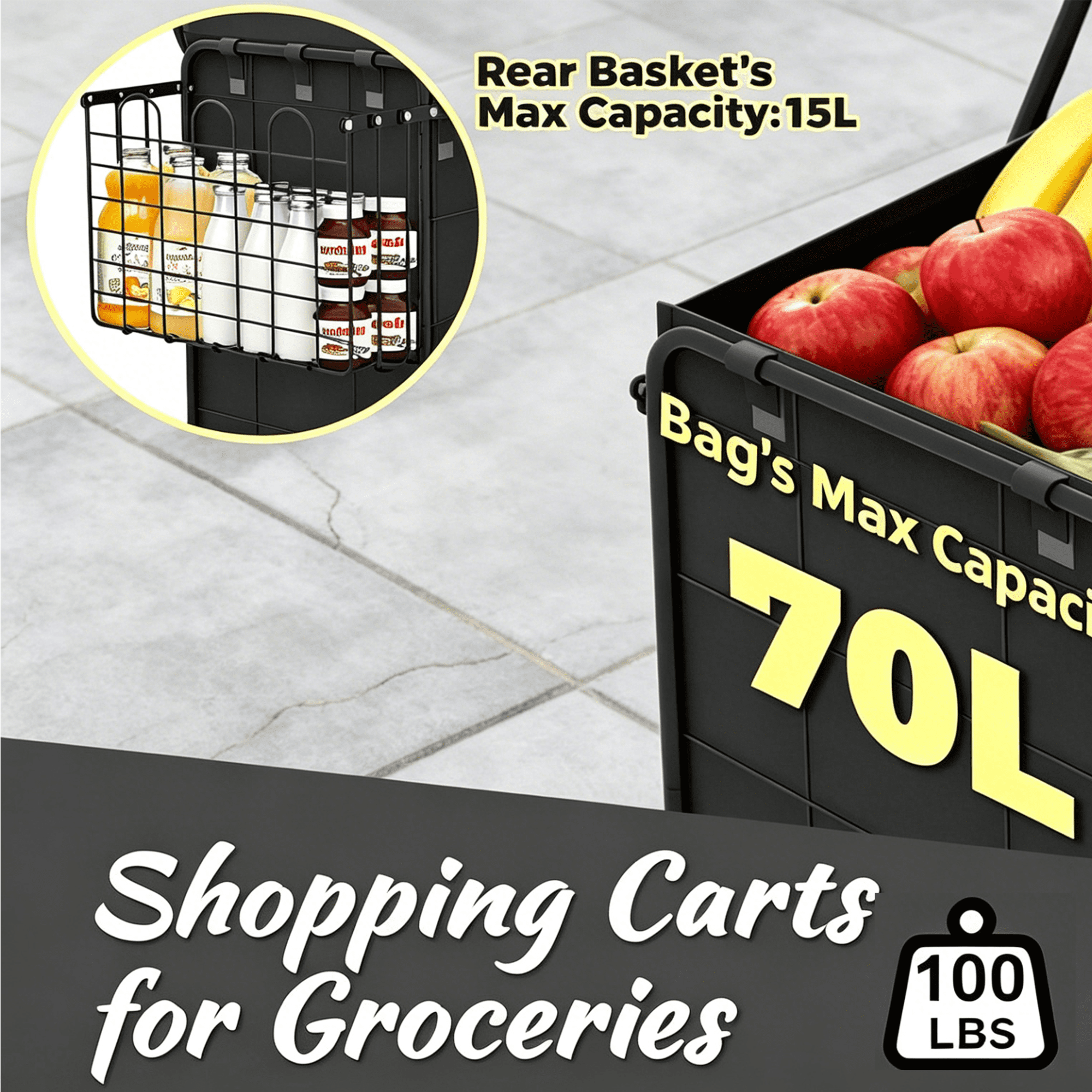Rolling Grocery Cart 85L 100 lbs Capacity Dual-Basket with 5.5 Inch Metal Wheels for Shopping Camping