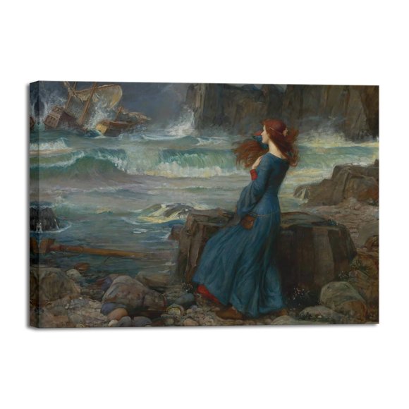 Wieco Art Impression sur Toile Art Mural Miraanda la Tempête 1916 par John William Waterhouse Impression d'Art Classique Préraphaélites Portrait de Femme pour Salon Décoration Intérieure