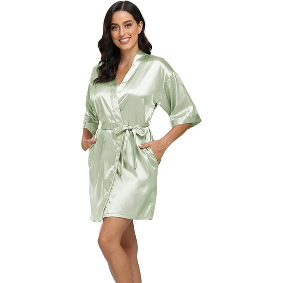 Bund Robe en Satin pour Femmes Kimono en Soie Peignoir Court Sexy Vêtements de Nuit Demoiselle d'Honneur Mariée Robes de Fête avec Poches Vert Aqua Petit