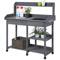 Renwick Fir Garden Potting Bench w/Sink Drawer Rack Shelves,Gray