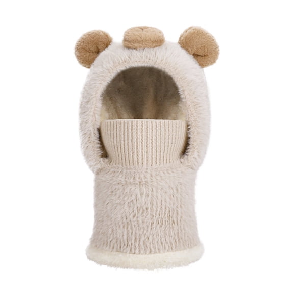 AJGRHE Cartoon Bear Face Scarf Neck Gaiter Integrated Winter Hat For Kids Boys Girls Outdoor Knitted With Ear Beige 4-13