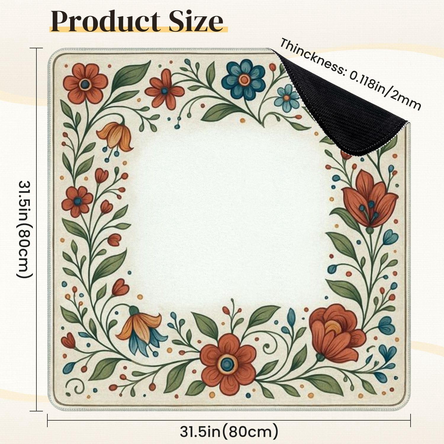 Mahjong Mat for Table Floral Border Design Orange Blue Green Flowers Leaves 31.5" x 31.5" Non-Slip Noise-Reducing Game Mat Premium Mahjong Accessories for Poker Dominoes Board Games