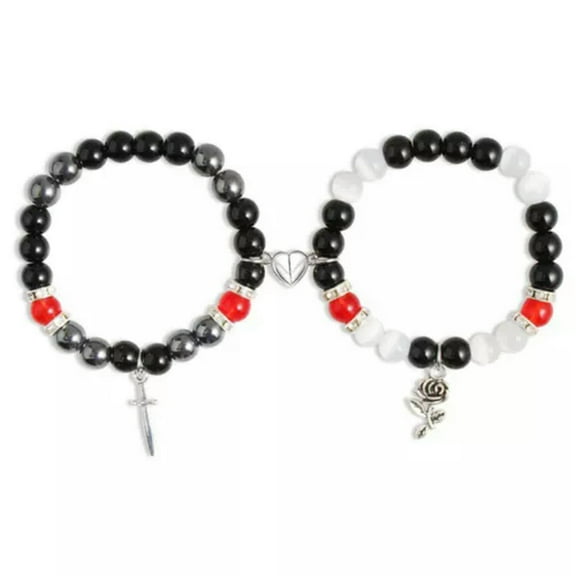 K-KED 2Pcs Heart Magnetic Bangles Spider Beaded Bracelet Halloween Delicate Jewelry Women Men-Black