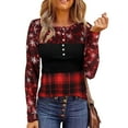thumbnail image 4 of Camisa de empalme con estampado navideño Top de empalme a cuadros con bloques de color de manga larga y cuello redondo delgado a la moda para otoño Rojo M, 4 of 5