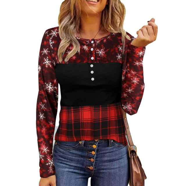 Camisa elegante de mezcla de cuadros rojos de otoño, con cuello redondo, manga larga y diseño de bloques de color, talla XL