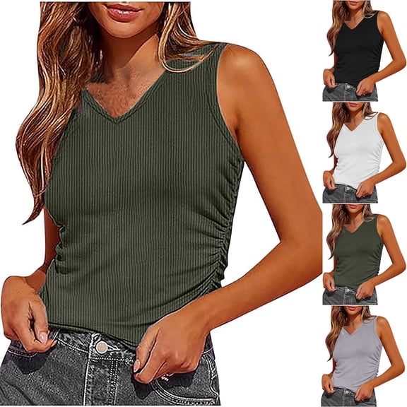 Xunlbb Tops for Women Under $5 Summer Women Solid Color Neck Sleeveless Casual Tee Tank Beach Vacation Clothes for Women S-2XL