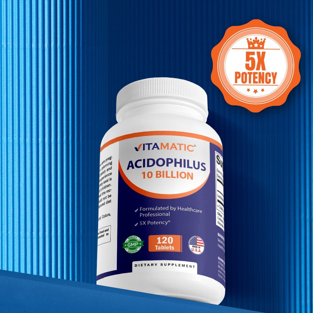 (3 pack) Vitamatic Acidophilus Probiotic - 10 Billion CFU - 5X Potency - Daily Probiotic Supplement, Supports Digestive Health - 120 Tablets