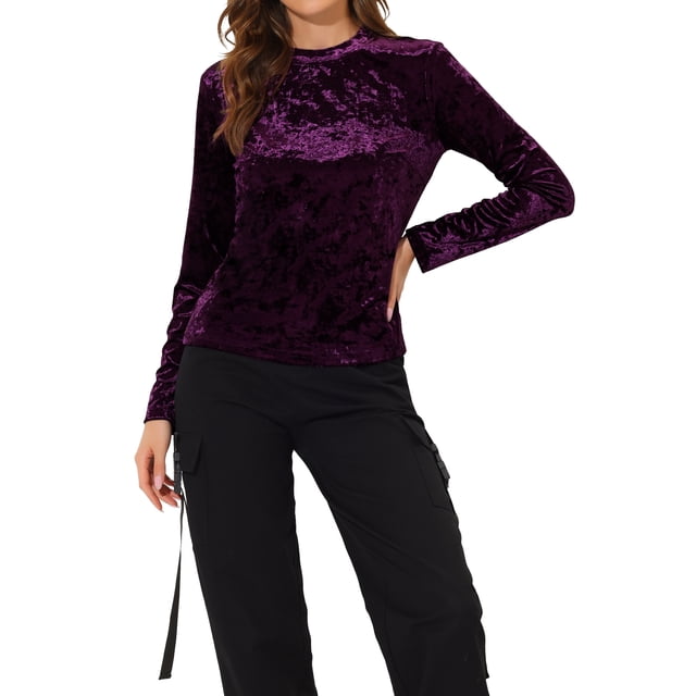 INSPIRE CHIC T-Shirts en Velours pour Femmes Col Rond Manches Longues Décontracté L Violet