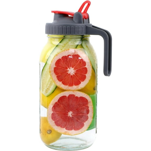 Mason Jar Pitcher With Pour Spout Lids & Handle 64 Oz Glass Wide Mouth Breastmilk Pitcher With Flip Cap 2 Quart For Fridge Iced Tea, Sun Tea, Juice, Coffee Lemonade Fruit Drinks Airtight Leak Proof