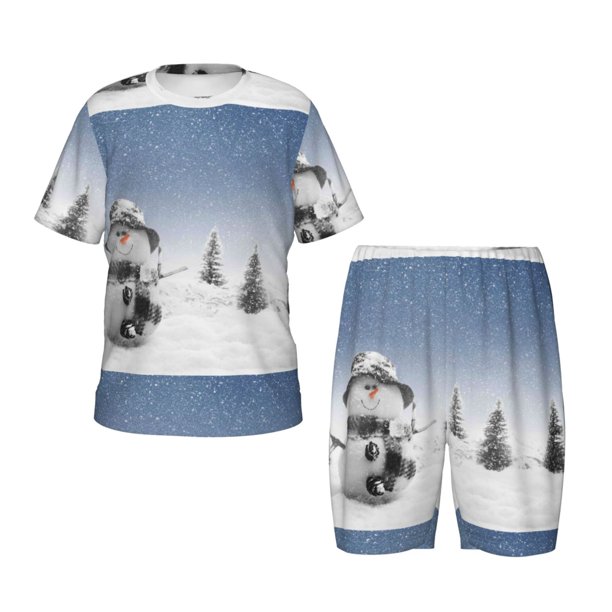 Balery Snowman And Christmas Tree Conjunto de Pijama Infantil de Manga Corta con Estampado – Ropa de Dormir de Algodón Suave-Small