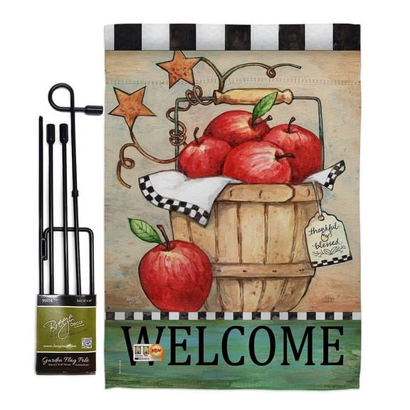 Breeze Decor BD-FT-GS-117039-IP-BO-D-US16-AL 13 x 18.5 in. Apple Basket Food Fruits Impressions Decorative Vertical Double Sided Garden Flag Set with Banner Pole