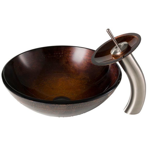 KRAUS Copper Brown Glass Bathroom Vessel Sink and Waterfall Faucet