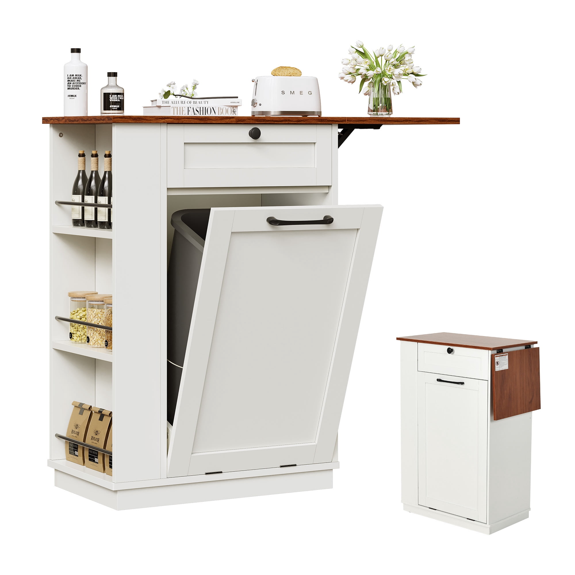 Uforic Kitchen Tilt Out Trash Can Cabinet with Drawer & Drop Leaf, Storage Cabinet for 10-gal Trash Bin, Off-White