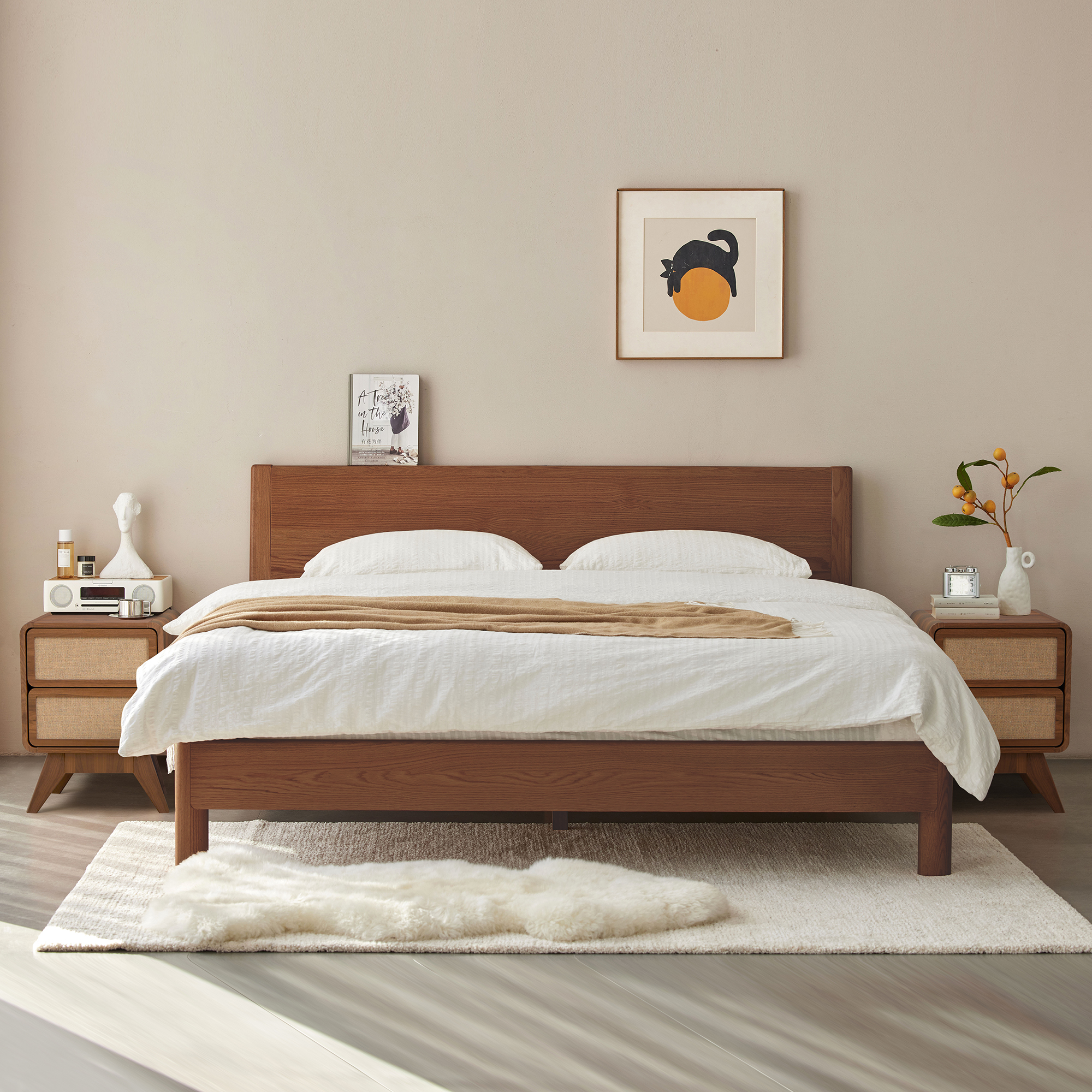 YOCWO Linen Nightstand with 2 Drawer for Bedroom, Mid Century Bedside Table with Curved Edges, Walnut, 15.75"W, 21.66"H