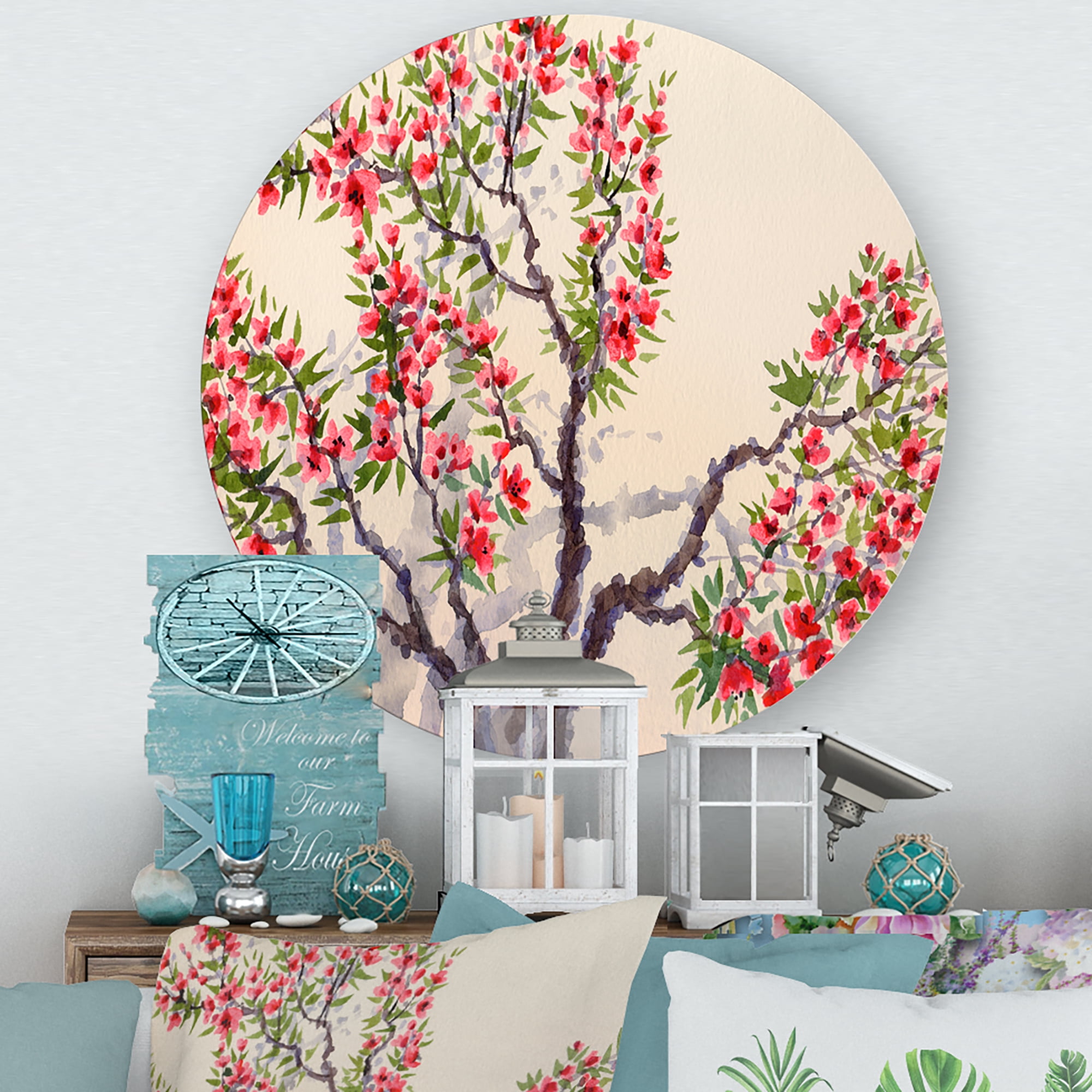 Designart 'The Blossoming Tree With Red Flowers I' Traditional Circle Metal Wall Art 23x23 - Disc of 23