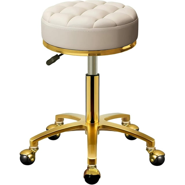 Tabouret Roulant Tabouret de Coiffeuse Or avec Roues Pédicure Massage Tabourets à Roulettes Cuir PU Rond Pivotant Chaise de Salon Base Titane Or Hauteur Réglable