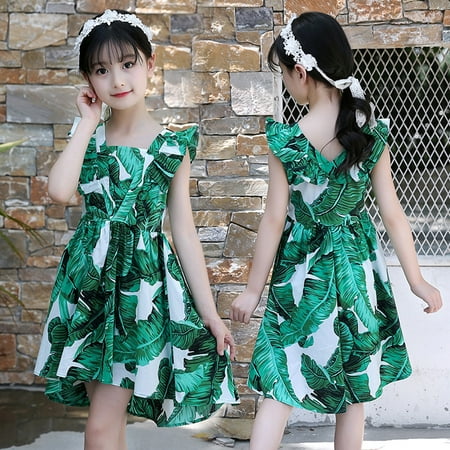 

Hunpta Kids Teen Children Girls Sleeveless Leaf Print Ruched Dress Casual Clothes