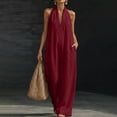 thumbnail image 2 of JULMCOMO Jumpsuits for Women Deep V Neck Halter Loose Fit Summer Outfits Sleeveless Wide Leg One Piece Casual Rompers with Pockets Wine L, 2 of 5