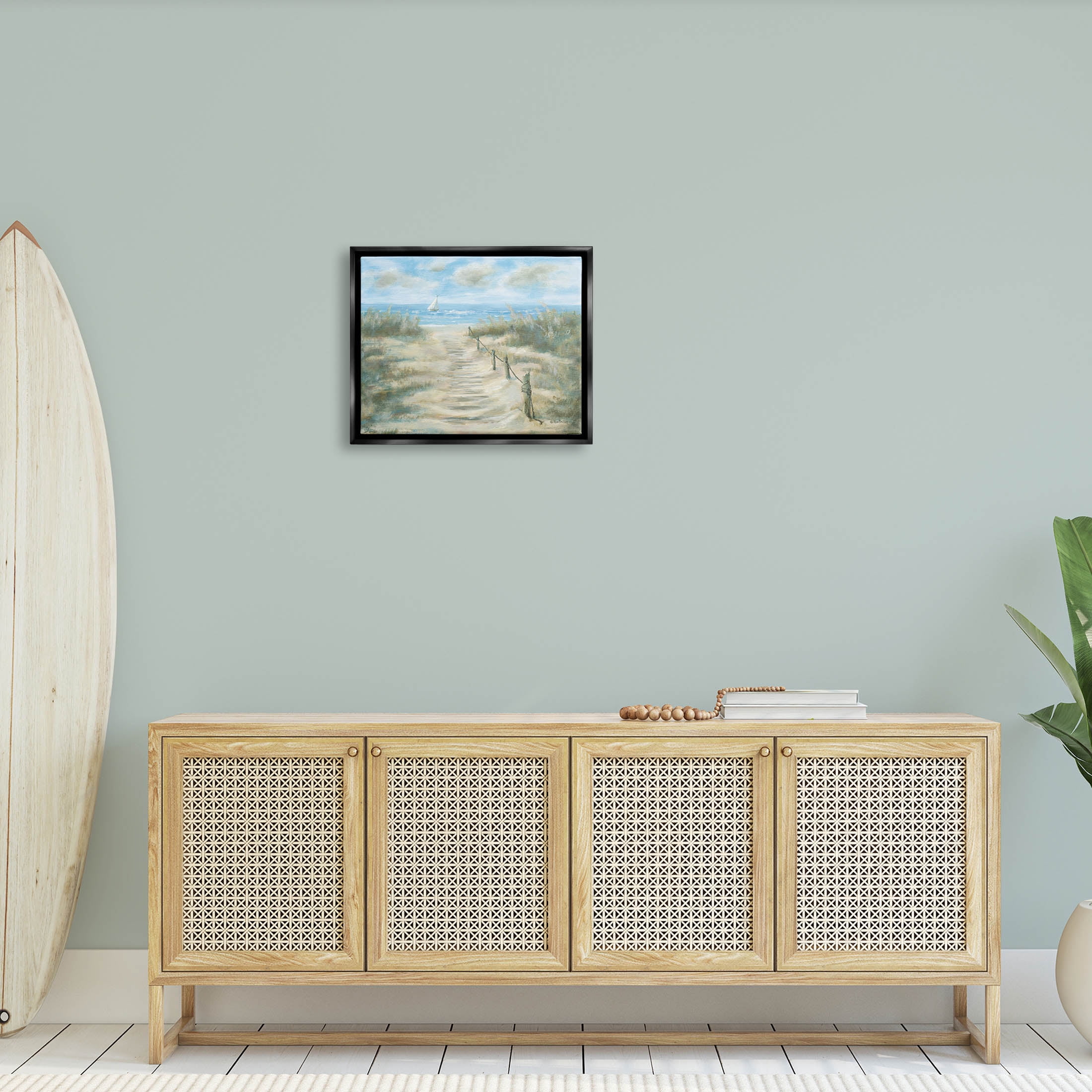Ocean Shore Beach Boardwalk Coastal Painting Jet Black Framed Art Print Wall Art