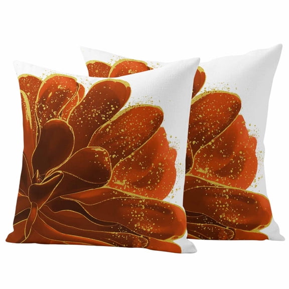 Burnt Orange Outdoor Waterproof Pillow Covers, Sparkle Gold Stained Floral Flower Art Decorative Square Throw Pillowcase Sofa Cushion Sham for Patio/Couch/Chair, 16"x16" 2 Pack