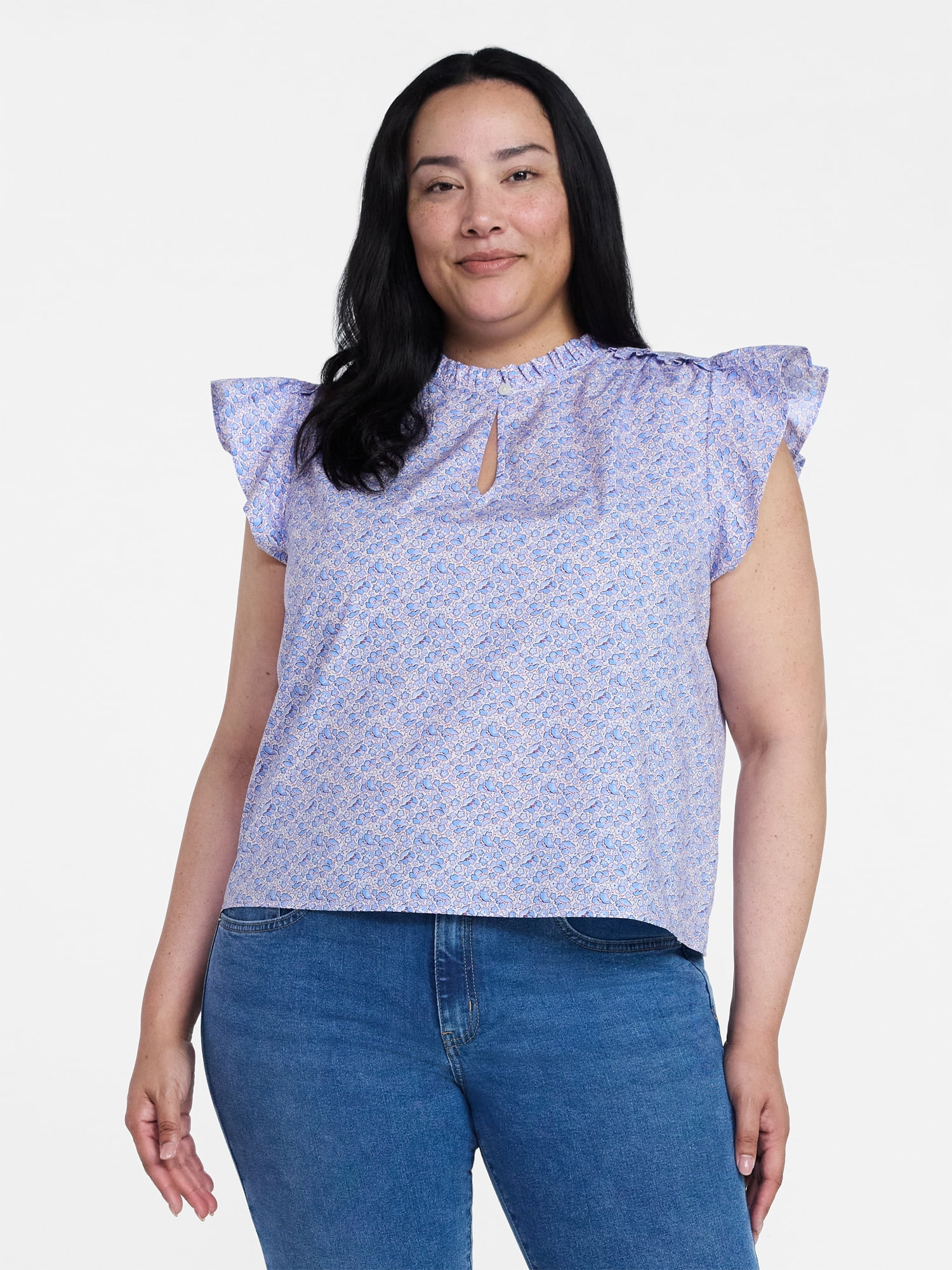 Time and Tru Women's Cotton Split Neck Top with Flutter Sleeves, Sizes XS-XXXL