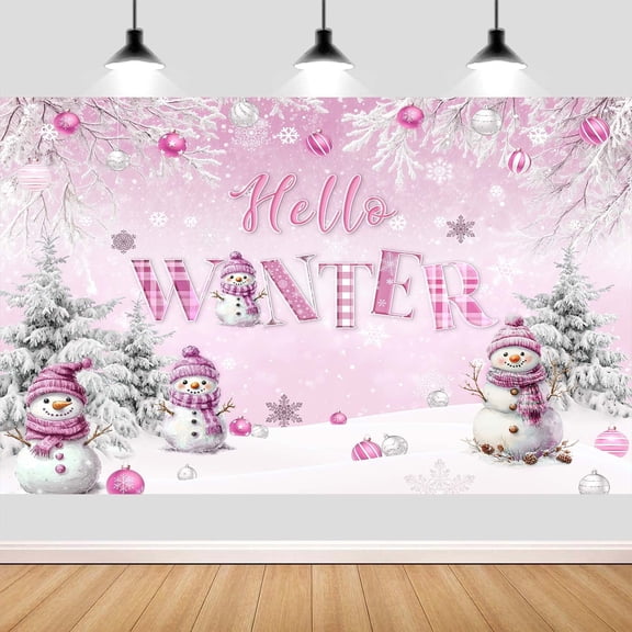 7x5ft Hello Winter Forest Backdrop, Pink Winter Snowy Forest Snowflake Snowman Christmas Photography Backdrop Background Banner Party Decorations for Baby Kids Family Photo Booth Studio Props