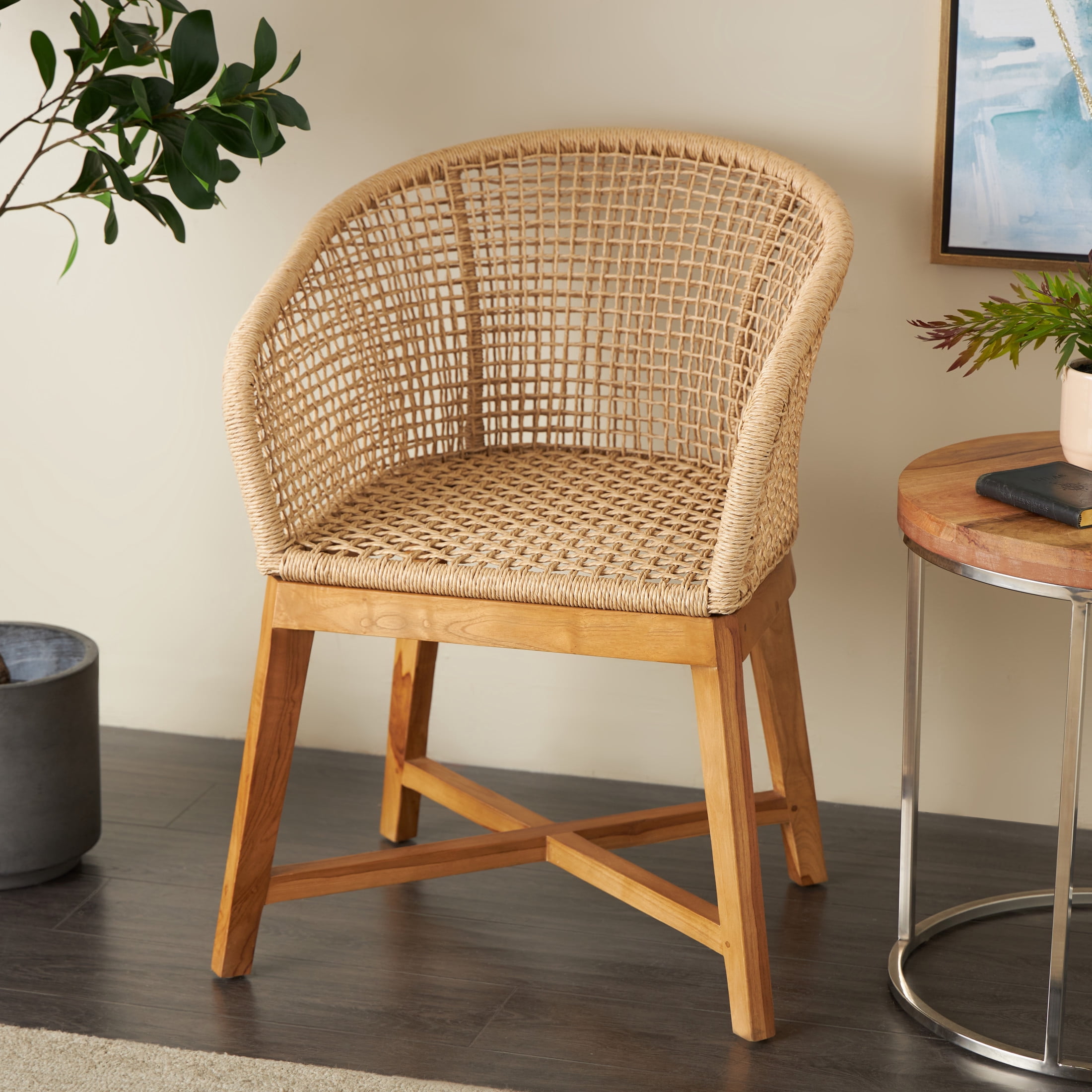 DecMode Plastic Rattan Handmade Woven Rounded Lounge Chair with Teak Frame, Light Brown