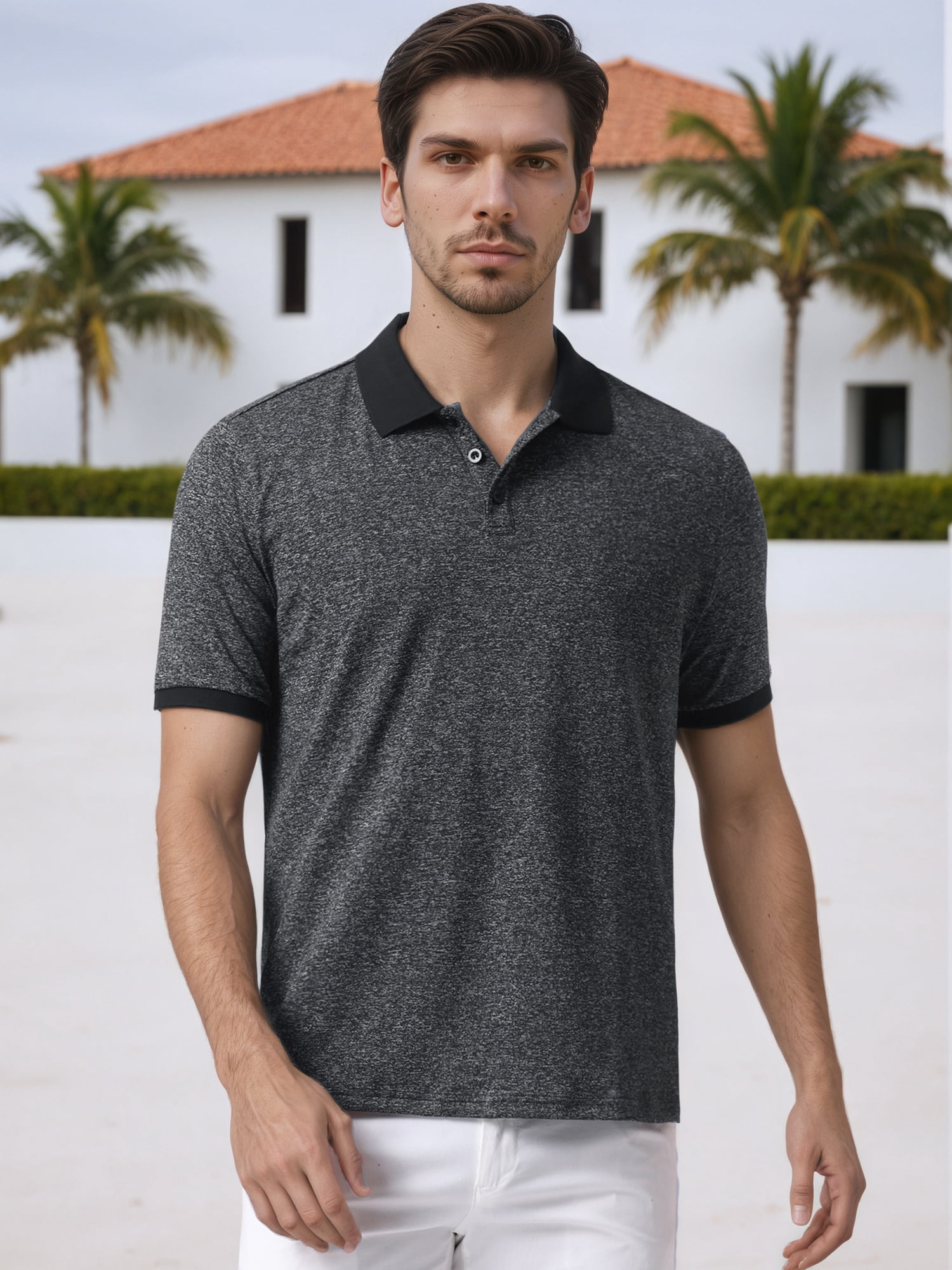 DARING DIVA Men's Casual Stretch Athletic Short Sleeve Heathered Golf Polo Shirt S Black