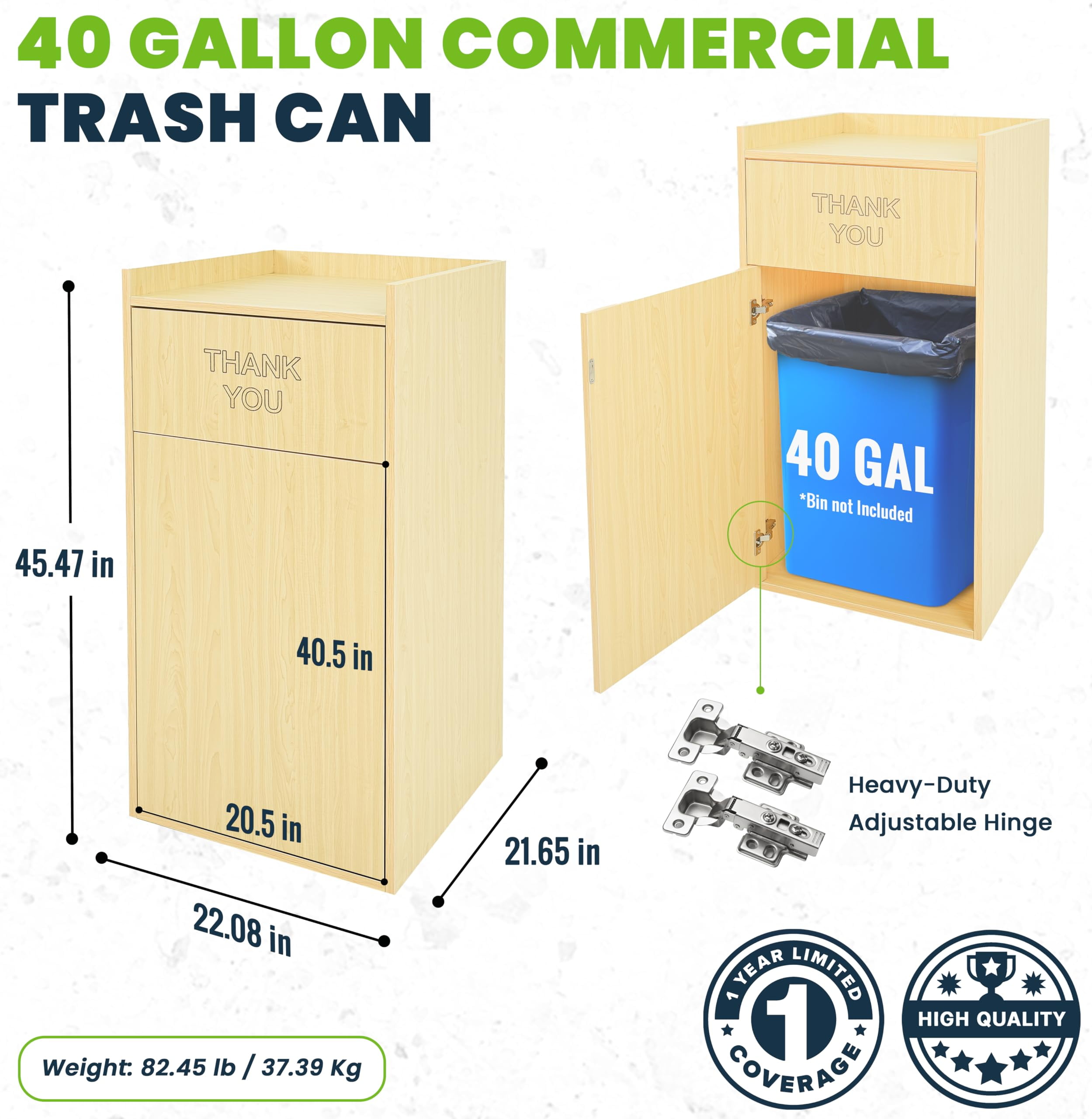 Alpine Restaurant Trash Can Cabinet - Thank You Trash Can Commercial Trash Can 40 Gallon, Garbage Receptacle with Tray Holder for Restaurants, Cafeterias (Oak)