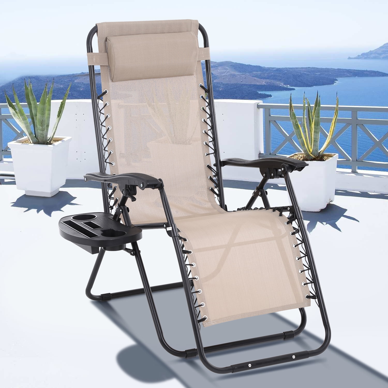 Tan Dkeli Zero Gravity Chair Patio Lounge Chair Chaise 2 Pack Outdoor Folding Adjustable Heavy Duty Recliner Chairs with Cup Holder and Pillows Hold Up to 330Lbs for Patio Yard Lawn Pool Beach 