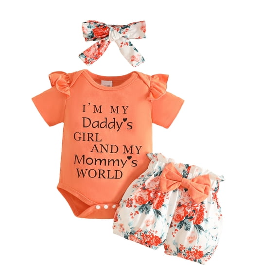 Baby Girl Outfits Letter Print Short Sleeve Crew Neck Ruffle Bowknot Onesie And Shorts Headband 3 Piece Casual Wear Girls' Clothing Sets 9 Months-12 Months