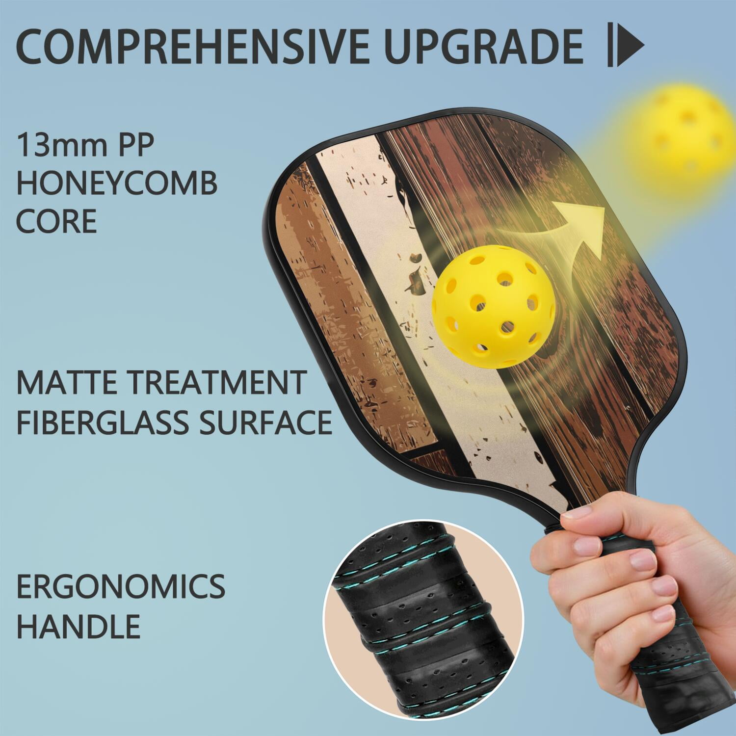 Pickleball Paddles Set Of 2, Fiberglass Surface, Wood Grain Print, 4 Balls & Bag