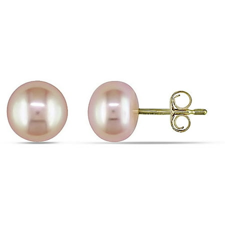 6-6.5mm Pink Button Cultured Freshwater Pearl 10kt Yellow Gold Stud Earrings