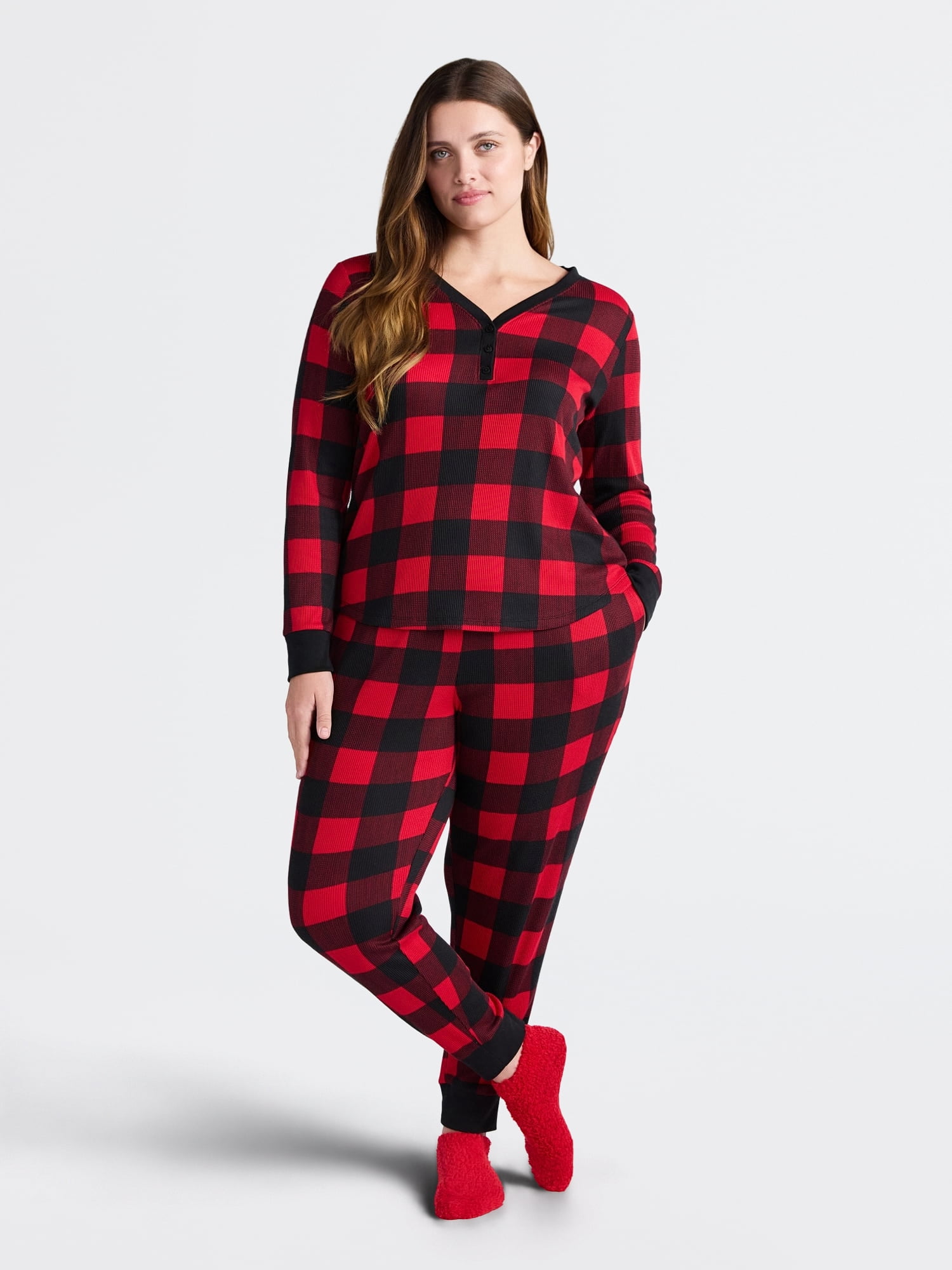 Joyspun Women's Waffle Long Sleeve Henley Sleep Top, Jogger, and Socks Pajama Set, 3-Piece, Sizes XS to 3X