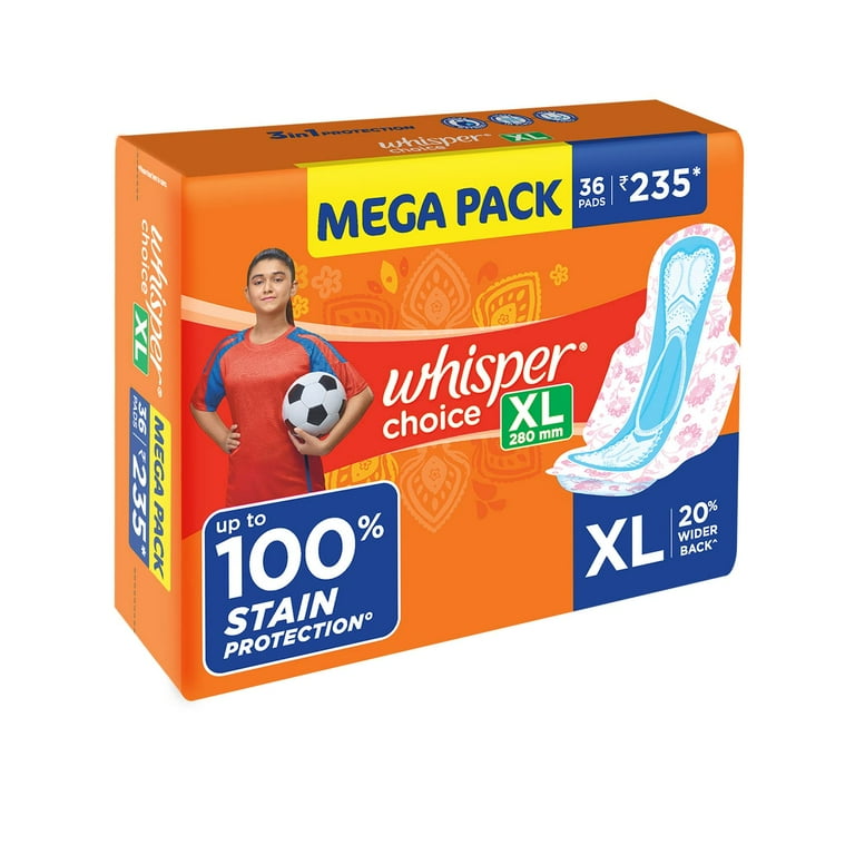 Whisper Choice Xl Sanitary Pads, Pack Of 36 Thick Pads, Xl, Upto 100% Stain  Protection, Side Safe Wings