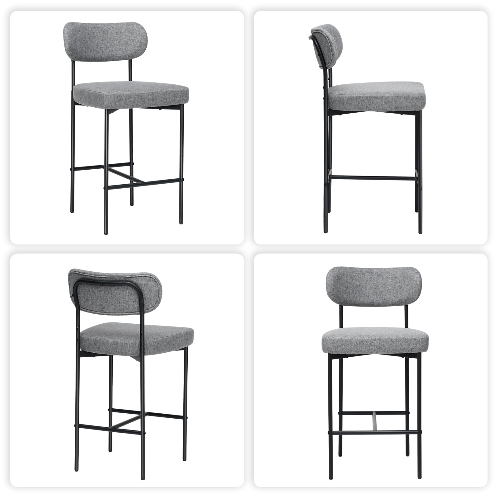 Hommpa Bar Stools Chairs Set of 4, 26" Gray Fabric Kitchen Counter Stools with Curved Back and Footrest, Fabric Counter Height Bar Chair for Kitchen Island