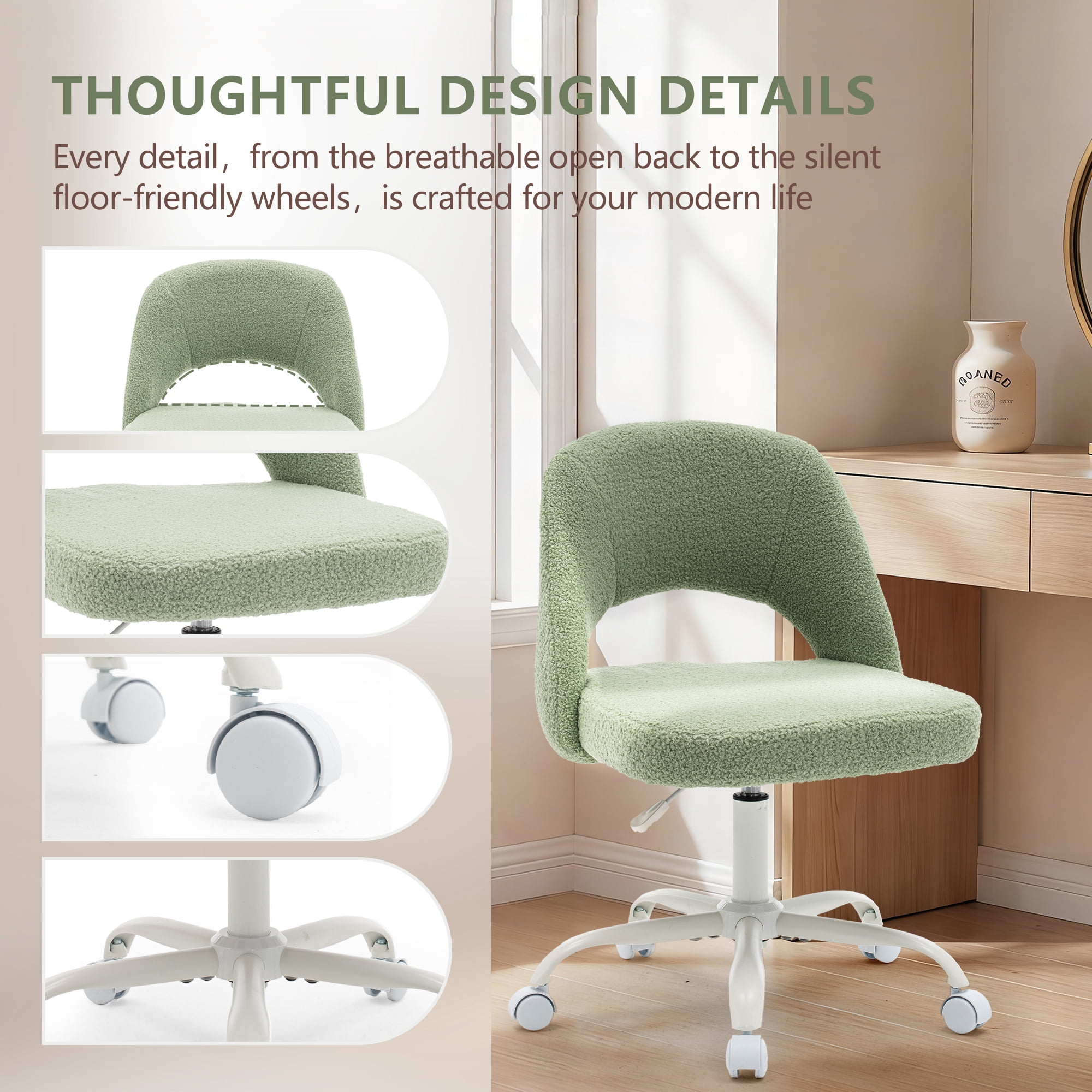 ENYLAY Green Fluffy Teddy Fleece Vanity Chair, Height Adjustable 360° Swivel Rolling Desk Chair, Ergonomic Upholstered Makeup Chair, Modern Cute Accent Chair for Bedroom Home Office Vanity Room